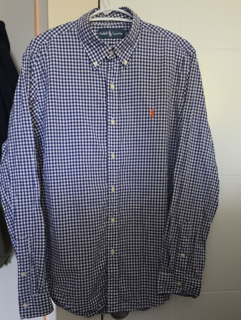 Ralph Lauren Navy and White Gingham Button-Down Shirt with Orange Pony